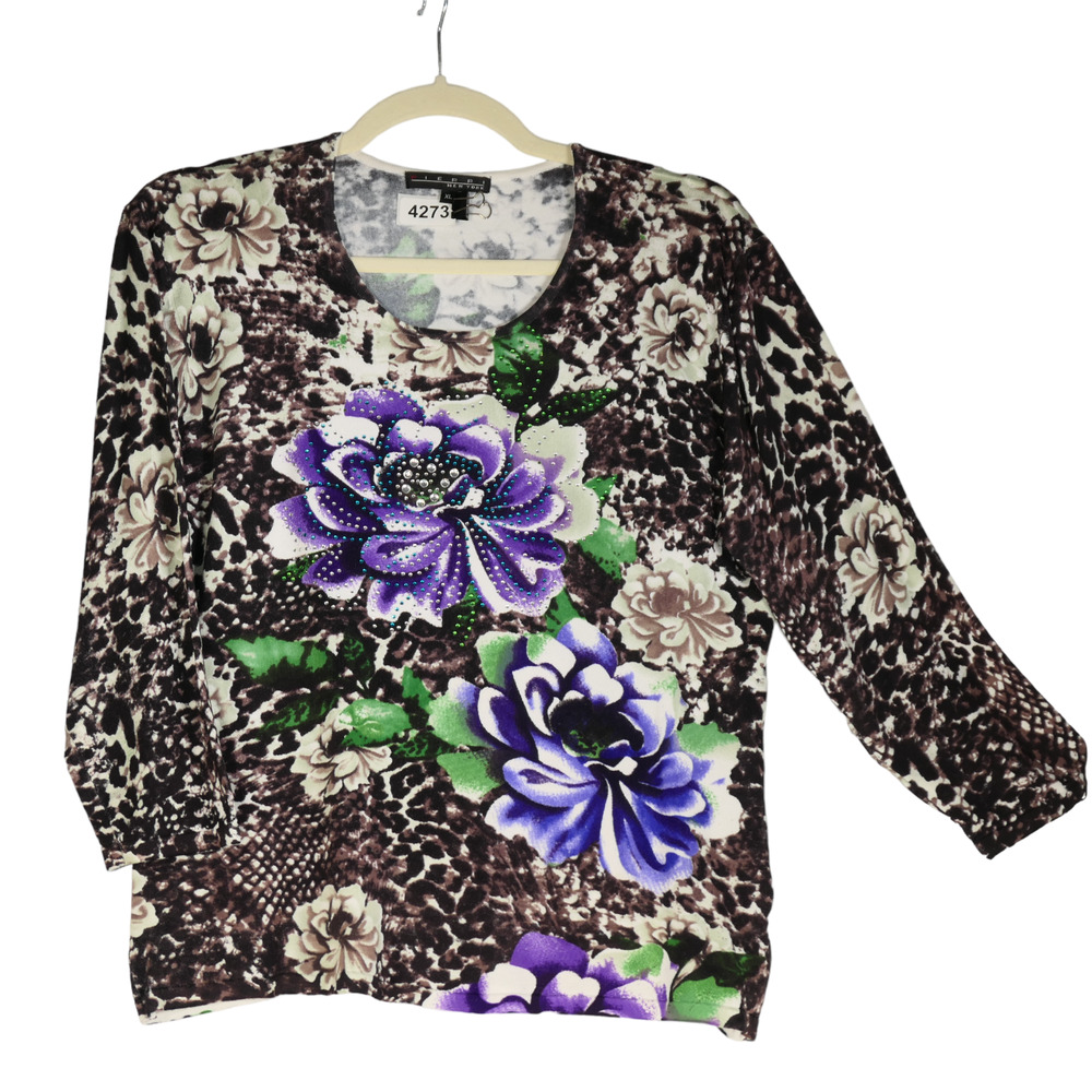 Pierri Sweater Womens XL Knit Top Rhinestone Floral Stretch 3/4 Sleeve Pullover